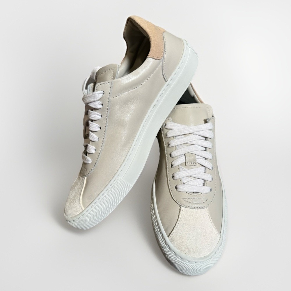 BODEN Leather Low Top Sneakers Womens 37 Beige Excellent Suede Trim Italian